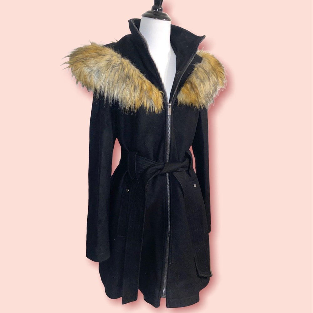 Rachel Roy wool black coat, faux fur hood, size Medium